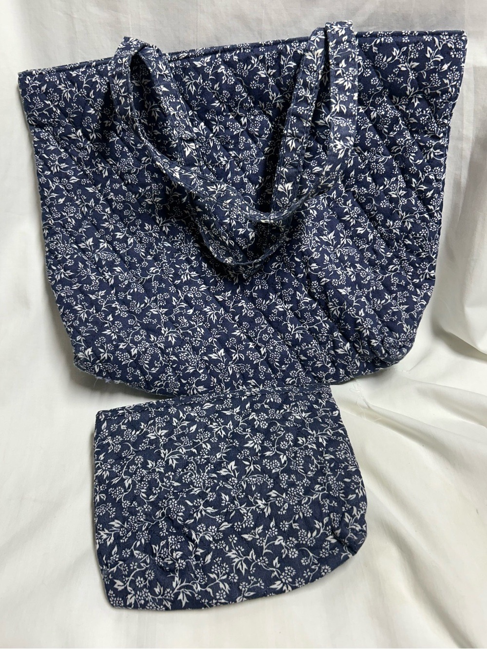 Vtg Tote Bag and Cosmetic Bag  Shoulder Bag Purse Cottagecore Blue Floral